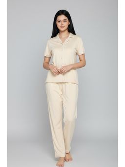 Zivame - Knit Cotton Tencel Shirt And Pyjama- Parchment