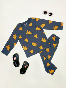 Be Awara - Samosa Pattern Full Sleeves Grey T-Shirt & Pajama (Set of 2)