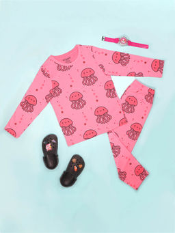 Be Awara - Jelly Fish Pattern Full Sleeves Peach T-Shirt & Pajama (Set of 2)