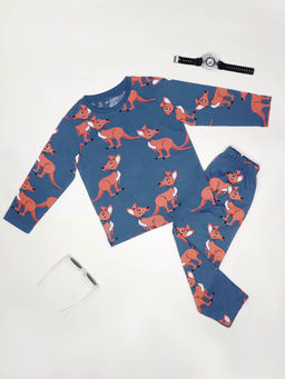 Be Awara - Kangaroo Pattern Full Sleeves Blue T-Shirt & Pajama (Set of 2)