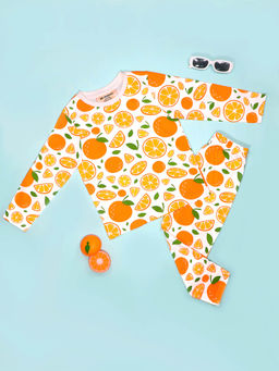 Be Awara - Orange Pattern Full Sleeves White T-Shirt & Pajama (Set of 2)