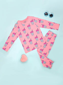 Be Awara - Milkshake Pattern Full Sleeves Peach T-Shirt & Pajama (Set of 2)