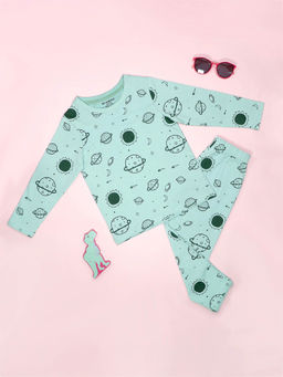Be Awara - Planet Pattern Full Sleeves Green T-Shirt & Pajama (Set of 2)