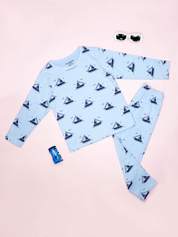 Be Awara - Ship Pattern Full Sleeves Blue T-Shirt & Pajama (Set of 2)