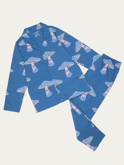 Be Awara - Mushroom Print Kids Full Sleeves Cotton Blue Shirt and Pajama (Set of 2)