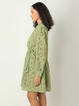 VERO MODA - Green Floral Cut-Out Fit and Flare Dress with Belt (Set of 2)