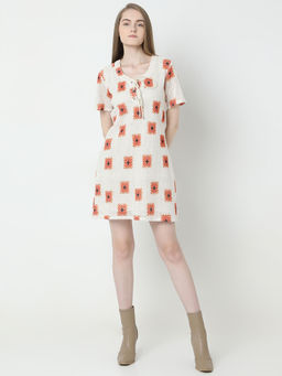 VERO MODA - Beige Printed Crochet Dress