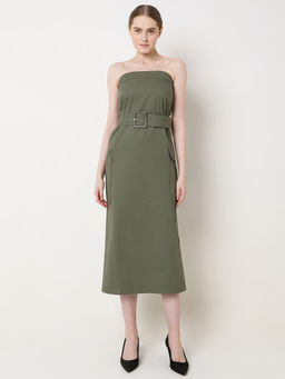 VERO MODA - Olive Green Tube Midi Dress with Belt (Set of 2)