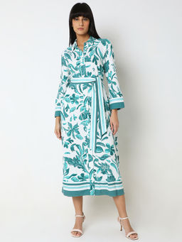 VERO MODA - Green Printed Midi Shirt Dress with Belt (Set of 2)