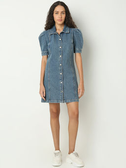 VERO MODA - Blue Puffed Sleeves Denim Dress