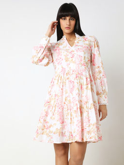 VERO MODA - Off-White Floral Print Shift Mini Dress