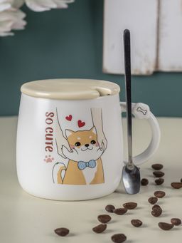 Voncasa - Mug With Lid & Spoon Off White -Gen