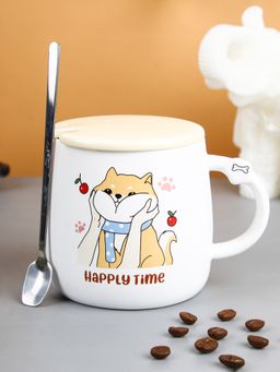 Voncasa - Mug With Lid & Spoon Off White -Gen