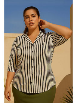 Amydus - Beige Plus Size Striped Cuban Collar Cotton Shirt