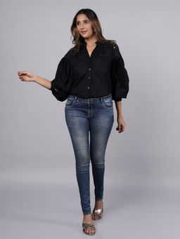 French Theory - Black Oversized Shoulder Schiffli Long Sleeve Shirt