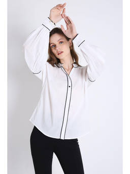French Theory - White Cotton Oversized Shirt with Contrast Piping