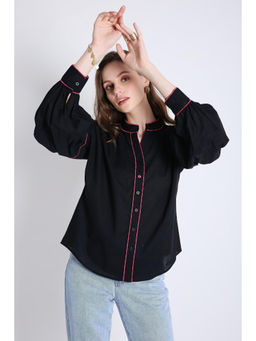 French Theory - Black Cotton Oversized Shirt with Contrast Piping