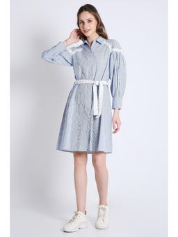 French Theory - Blue Stripes Long Sleeves and Lace Detail Shirt Dress with Belt