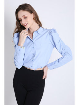 French Theory - Blue Rushed Sleeve Crop Shirt