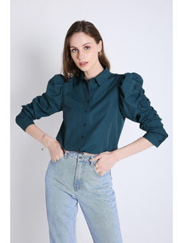 French Theory - Teal Rushed Sleeve Crop Shirt