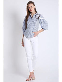 French Theory - Blue Cotton Stripes Balloon Sleeve Shirt