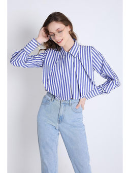 French Theory - Blue Stripes Fashion Pleated Crop Shirt