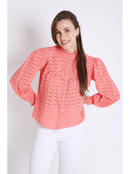 French Theory - Peach Cotton Long Sleeve Schiffli Self Design Shirt