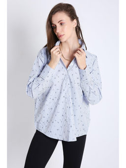 French Theory - Blue Cotton Blend Printed Oversized Shirt