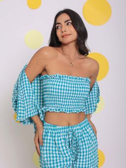 Kaori By Shreya - White and Aqua Blue Fitted Tube Crop Top