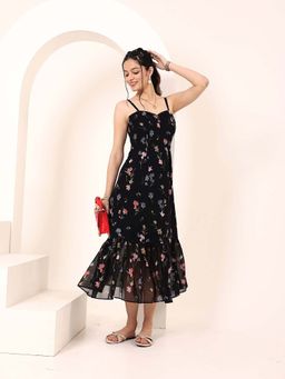 Kaori By Shreya - Black Floral Printed Midi Ruffled Chiffon Dress