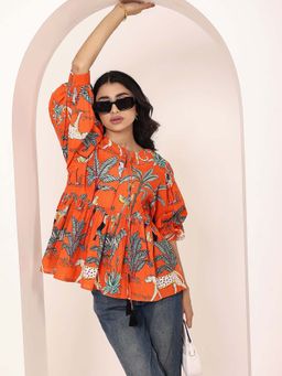 Kaori By Shreya - Orange Tropical Print Balloon Sleeve Peplum Cotton Top