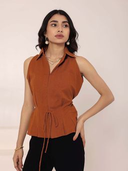 Kaori By Shreya - Brown Linen Blend Sleeveless Collared Shirt with Front Tie
