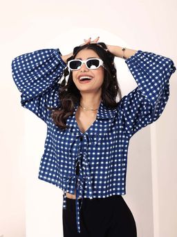 Kaori By Shreya - Blue and White Gingham Front Tie-Up Cotton Top