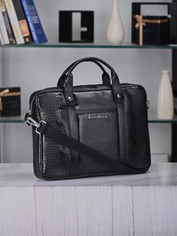 Louis Stitch - Mens Textured Leather Dual Tone Messenger Bag - Black (L)