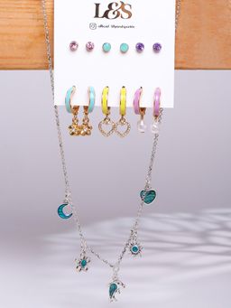 Lilly & Sparkle - Hoops & Stud Earring with Charm Necklace (Set of 7)