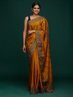 Koskii - Mustard Swarovski Art Silk Designer Saree with Unstitched Blouse