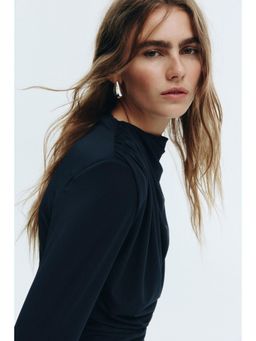 H&M - Women Navy Blue Draped Shoulder-Pad Dress