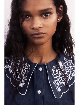 H&M - Women Blue Embroidered-Collar Denim Shirt
