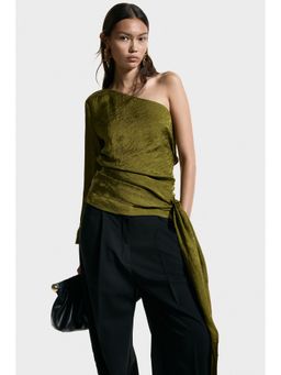 H&M - Women Green Jacquard-Weave One-Shoulder Top