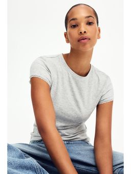 H&M - Women Grey Lace-Trimmed Viscose T-Shirt