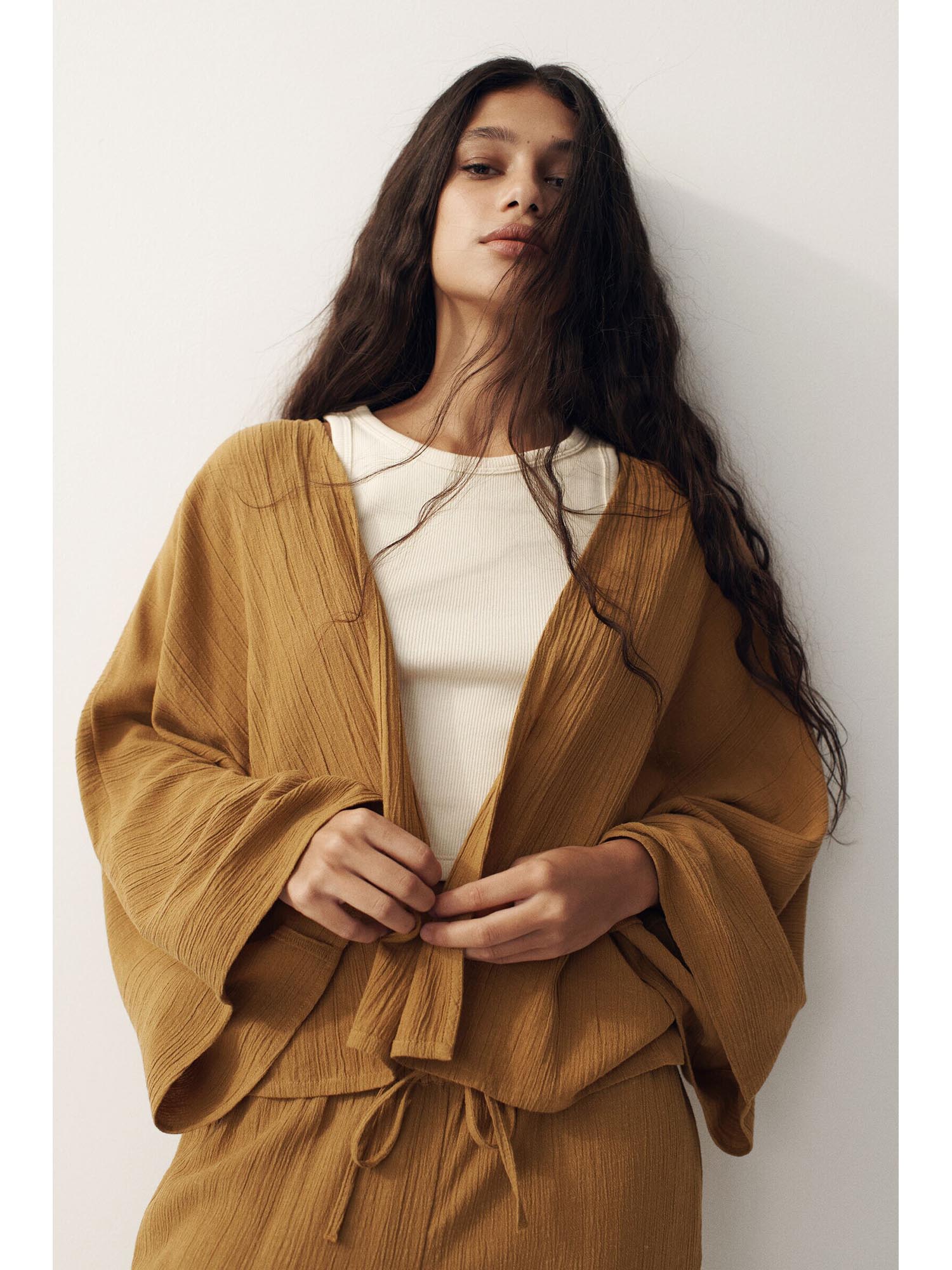 h&m Women Khaki Linen-Blend Open-Front Shrug-picture-39