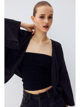 H&M - Women Grey Linen-Blend Open-Front Shrug