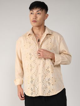 Campus Sutra - Embroidered Flora Casual Shirt - Beige
