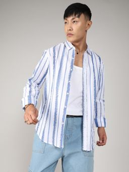Campus Sutra - Striped Fringe Casual Shirt - White/Blue