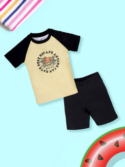 KiddoPanti - Boys Knitted Round Neck Printed T-Shirt & Shorts Swimming