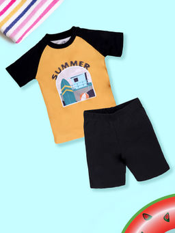 KiddoPanti - Boys Knitted Round Neck Printed T-Shirt & Shorts Swimming