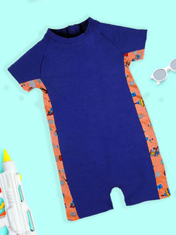 KiddoPanti - Half Sleeves Mid Thigh Length Cut & Sew Swimwear Bodysuit Blue