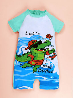 KiddoPanti - Knitted Crocodile Text One Piece Swimsuit Multi-Color