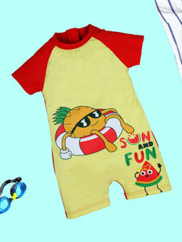KiddoPanti - Boys Half Sleeves Printed Swimwear Bodysuit Red
