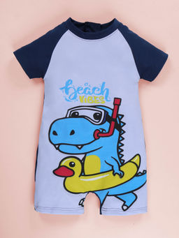 KiddoPanti - Knitted Dinosaur & Beach Vibes Text Printed One Piece Swimsuit